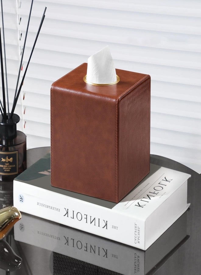 MEIBOOCH Square Tissue Box Cover, Luxury PU Leather Tissue Holder with Magnetic Closure (Brown) - Image 5